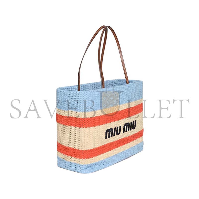 MIU MIU TESSUTO STRIPED WOVEN FABRIC TOTE BAG NATURAL AND CELESTE BLUE 5BG228 (40*34*16cm)